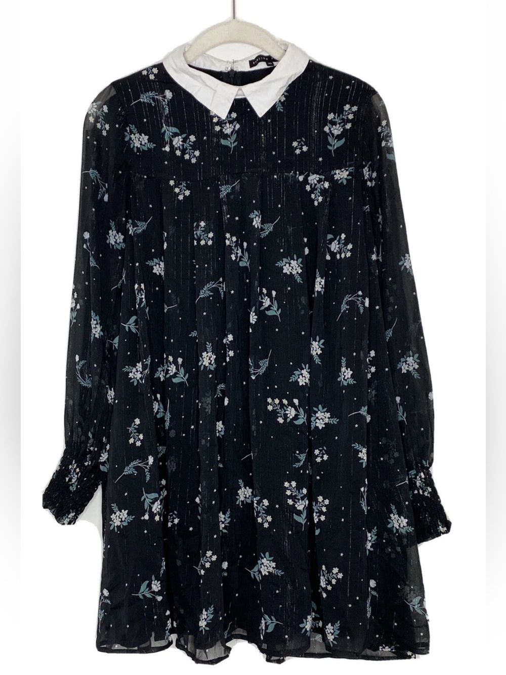 English Factory Black Chiffon Floral Collared Long Sleeve Dress Sz S EUC